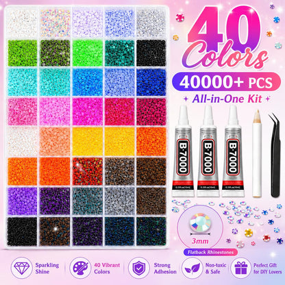 40000Pcs 40 Colors Jelly Resin Kit, Bedazzling Kit, Bedazzler Kit with Rhinestones, 3mm Flatback Gems with B7000 Glue & Tools for Crafts, Nails, Shoes