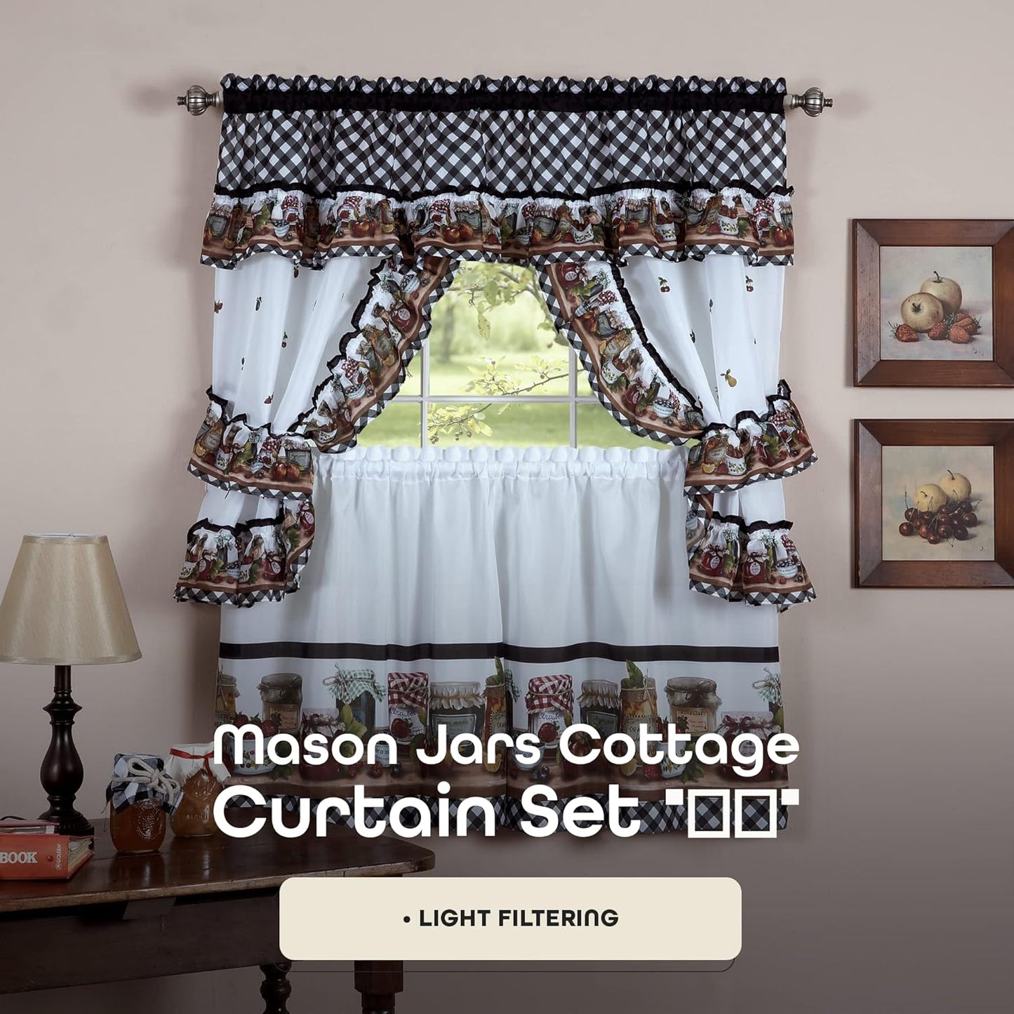 Printed Cottage Tier and Swag Window Curtain Set - 57 Inch Width, 36 Inch Length - Mason Jars