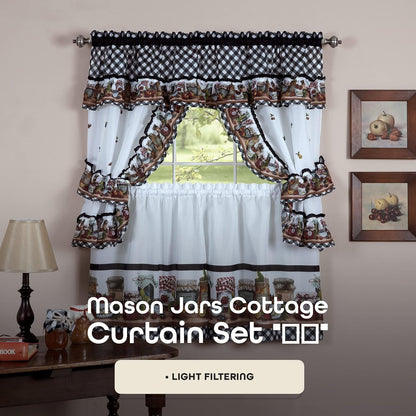 Printed Cottage Tier and Swag Window Curtain Set - 57 Inch Width, 36 Inch Length - Mason Jars