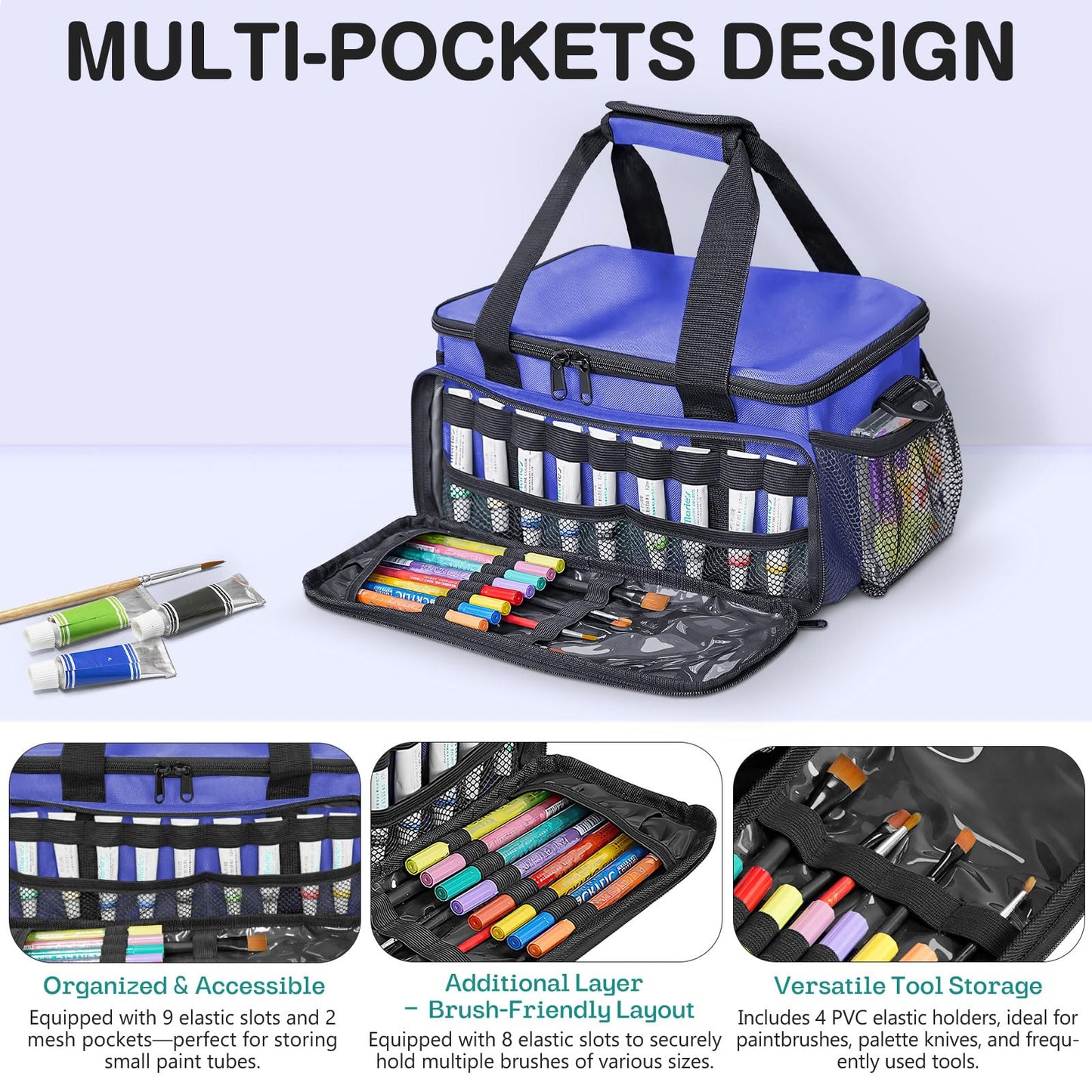 ORKELS Craft Paint and Marker Organizer, Acrylic Paint Storage Bag with Brush and Bottle Holders, Large Marker Carrying Case for Artists (Purple)