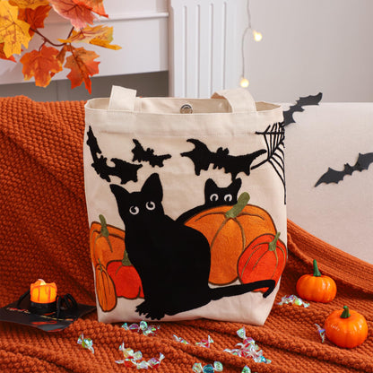 Perseverance Trade Trick or Treat Bag Halloween Candy Tote Bag 13"x13.78" with Embroidered Pumpkins and Black Cats Cute Reusable Canvas Bag for Halloween Party Gift Grocery Shopping