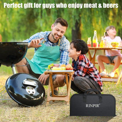 RINPIR 31pcs BBQ Grill Accessories Set for Men Dad, Heavy Duty Grilling Tools Gifts for Fathers Day, Stainless Steel BBQ Utensils Kit with Mats, Grill Brush in Carrying Bag Brown