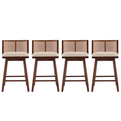 Christopher Knight Home Lious Counter Height Bar Stools Set of 4, Fabric Upholstered Bar Stool for Kitchen Island, Rubberwood Counter Stools with Woven Rattan Backrest, Beige + Dark Walnut