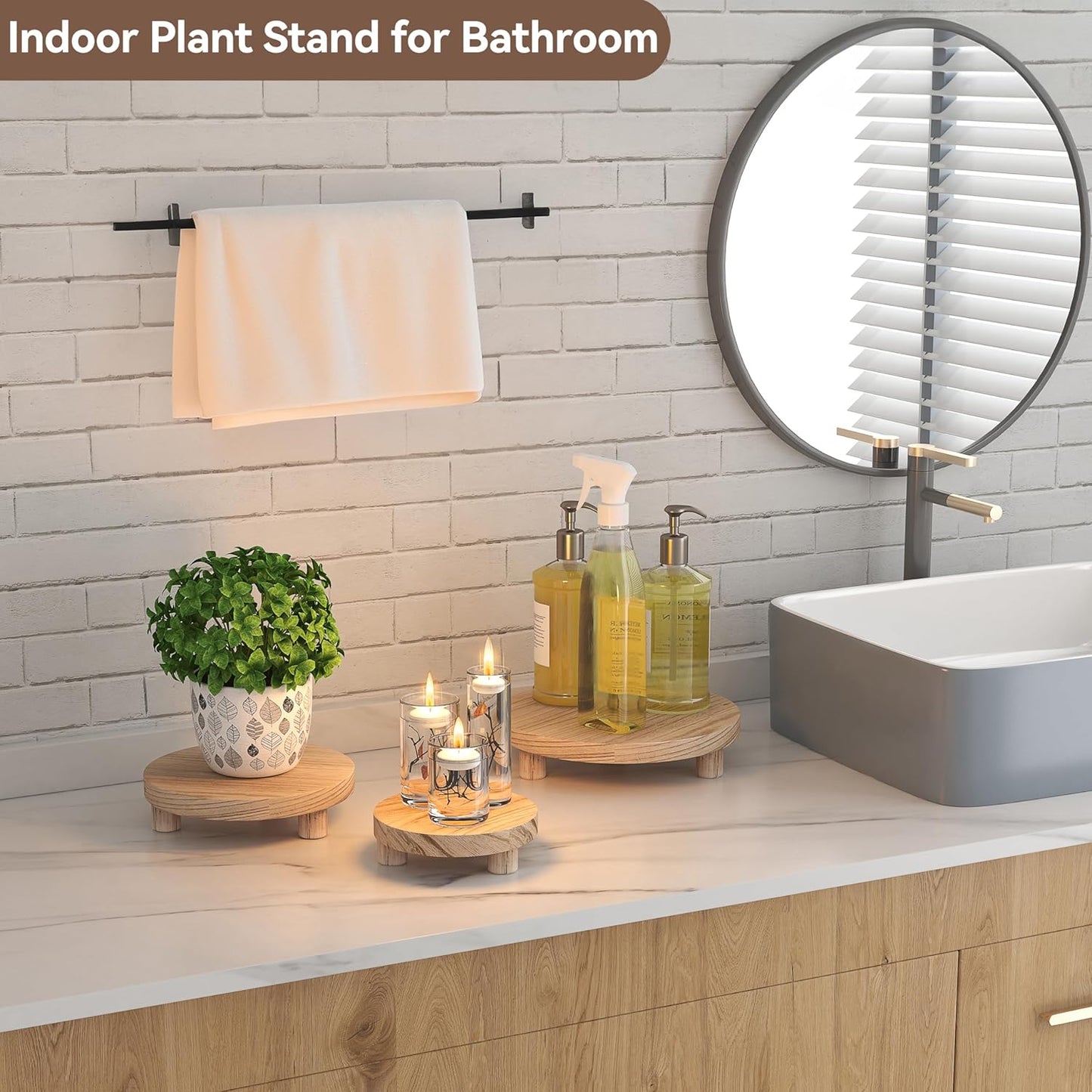 3 6/8/10" Counter Pcs Wood Plant Stand Indoor Outdoor, Wooden Stool Display Stand Round Riser Flower Pot Holder Small