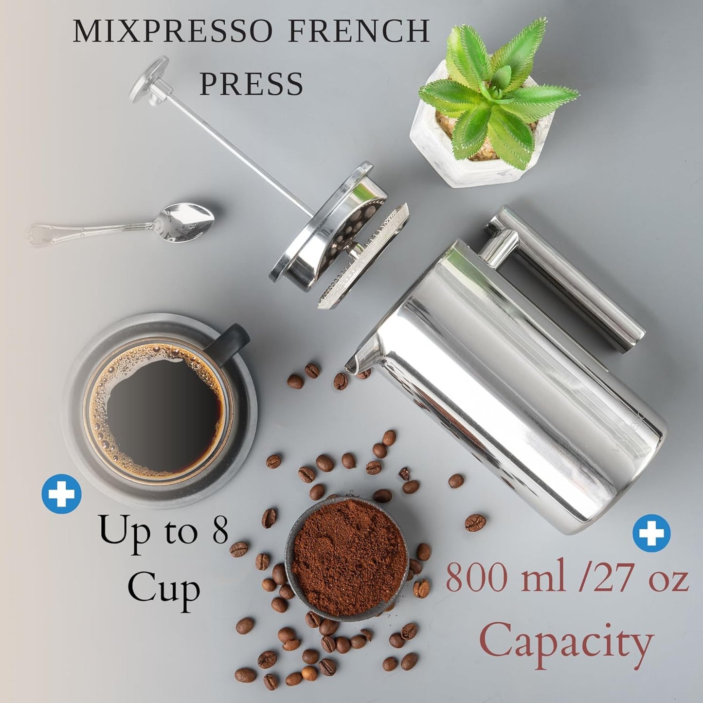 Mixpresso Stainless Steel French Press Coffee Maker, 27 Oz 800 ml, Easy Clean & Press, Double Wall Insulated