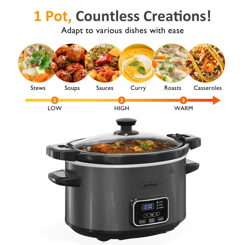 Sunvivi 4QT Programmable Slow Cooker with Locking Lid, Removable Ceramic Pot, 3 Heating Settings & Timer, Dishwasher-Safe, Dark Grey