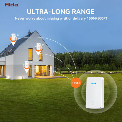 AIDA Wireless Doorbell, Self-powered Doorbell with Extra Socket, No Battery Required Push Button, Cordless Door Bell Ringer, 5 Volume Levels with 32 Doorbell Chimes (White, 2 Button & 1 Receiver)