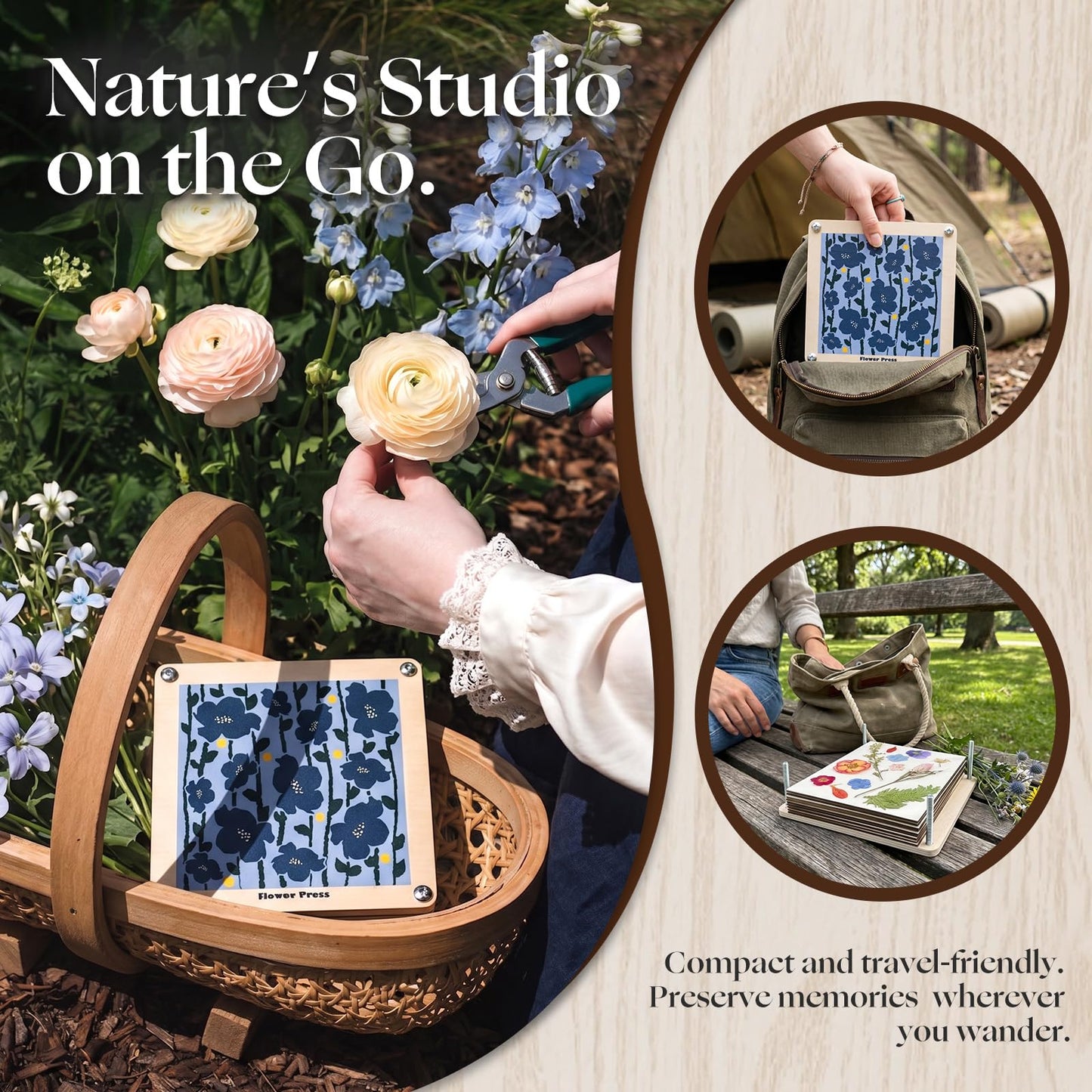 Fuwuu Flower Press Kit 7.1" - Medium Wooden Plant Pressing Book for DIY Art, Blue Camellia Design 6-Layer Leaf Flower Preservation Kit for Adults, Herbarium Scrapbooking Craft Gift