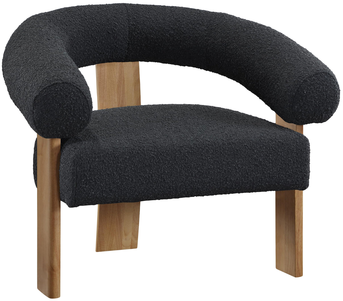 Meridian Furniture 496Black Winston Collection Mid-Century Modern Boucle Fabric Upholstered Accent Chair with Rich Black Boucle Fabric, Solid Wood Legs, Natural Finish, 35.5" W x 29" D x 30" H, Black
