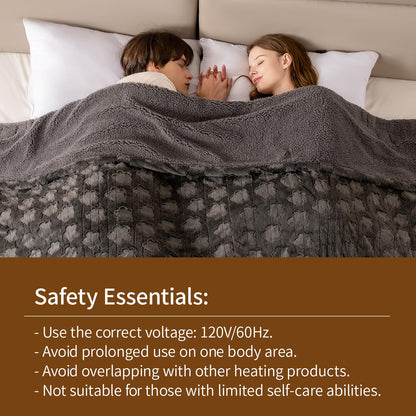 Bearhug Electric Blanket King Size 100" x 90", Dual Controller Heated Blanket, White Flower Patterns Faux Fur & Warm Sherpa, 10-Heat Levels & 1-12H Auto Off,ETL, Machine Washable