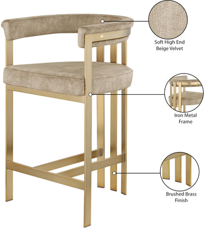 Meridian Furniture 596Beige-C Marcello Collection Modern | Contemporary Velvet Upholstered Counter Height Stool with Brushed Brass Iron Frame, 22.5" W x 20" D x 35.5" H, Beige, Set of 2