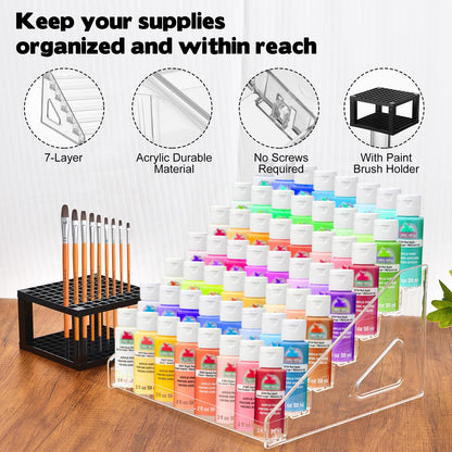 YEXEXINM 2 Pcs Clear Paint Organizer With Paint Brush Holder,7 Layers Acrylic Paint Organizer,Paint Storage Rack,Craft Paint Organizer Rack,Miniature Paint Holder for Paint Storage