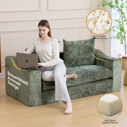 61" Convertible Sofa Bed Loveseat, Memory Foam Boneless Floor Couch with Removable Plush Velvet Cover, Tri-folding Compact Full-size Sleeper for Small Living Room, Playroom, Guest Room, RV (Emerald)