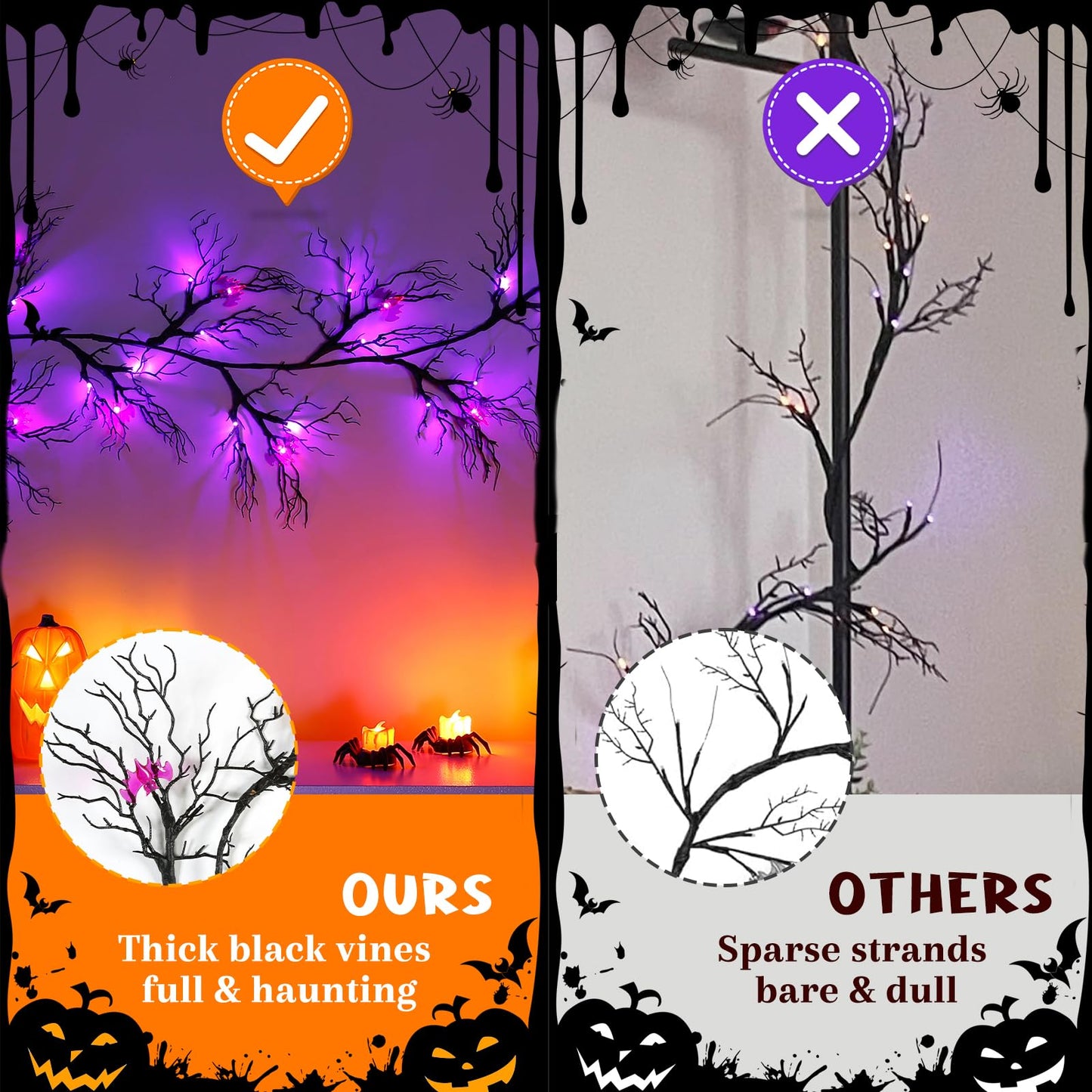Joyhalo Halloween Garland with Lights Decorations with Bat Lights,Battery Operated 6FT 48 LED Halloween Willow Vine Twig Garland for Mantle,Wall,Fireplace and Halloween Decorations