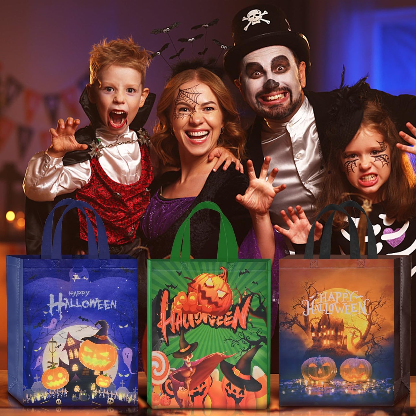 AhfuLife 12 Pcs Halloween Trick or Treat Bags, Large Candy Tote Bags with Handles, Reusable Non-Woven Gift Bag for Halloween Party Supplies Favors (15×11.8×3.9’’)