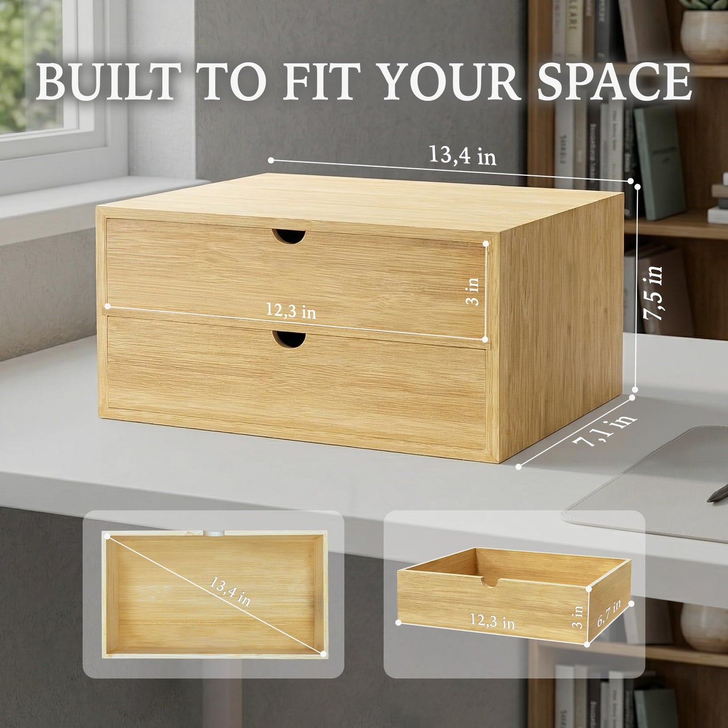 LUSHZLUMBERA Bamboo Desk Organizer with 2 Drawers, Desktop Drawers Wooden Storage Box 13.4 x 7.1 x 7.5 Inches Countertop Organizer for Office Supplies, Solid Wood Tabletop Drawer No Assembly Required