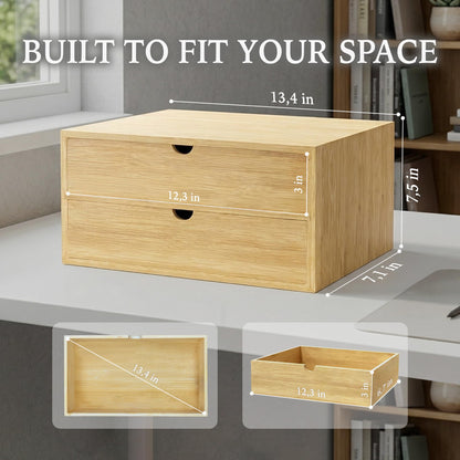 LUSHZLUMBERA Bamboo Desk Organizer with 2 Drawers, Desktop Drawers Wooden Storage Box 13.4 x 7.1 x 7.5 Inches Countertop Organizer for Office Supplies, Solid Wood Tabletop Drawer No Assembly Required
