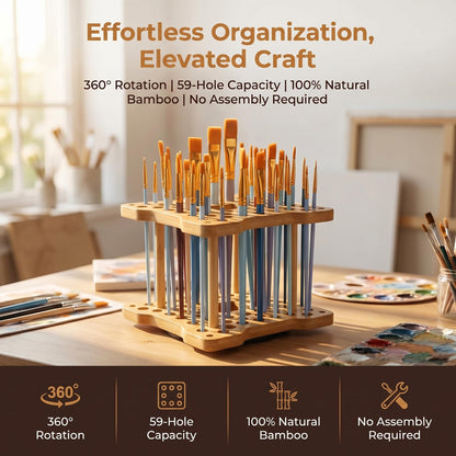 Cedilis 2 Pack Rotating Paint Brush Holder, 59 Holes Bamboo Paintbrush Holder Organizer for Pen, Pencil, Watercolor Brushes, Artist, No Assembly Required