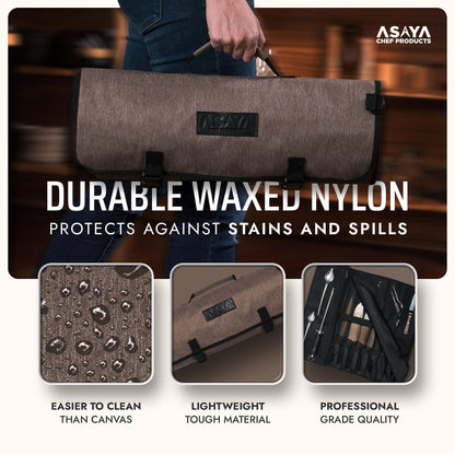 Asaya Waxed Nylon Chef Knife Roll Bag with 20 Slots and Zippered Pockets - Professional Chef Knife Bag & Storage Case, Tool Carrier with Shoulder Strap - Knives Not Included (Brown)