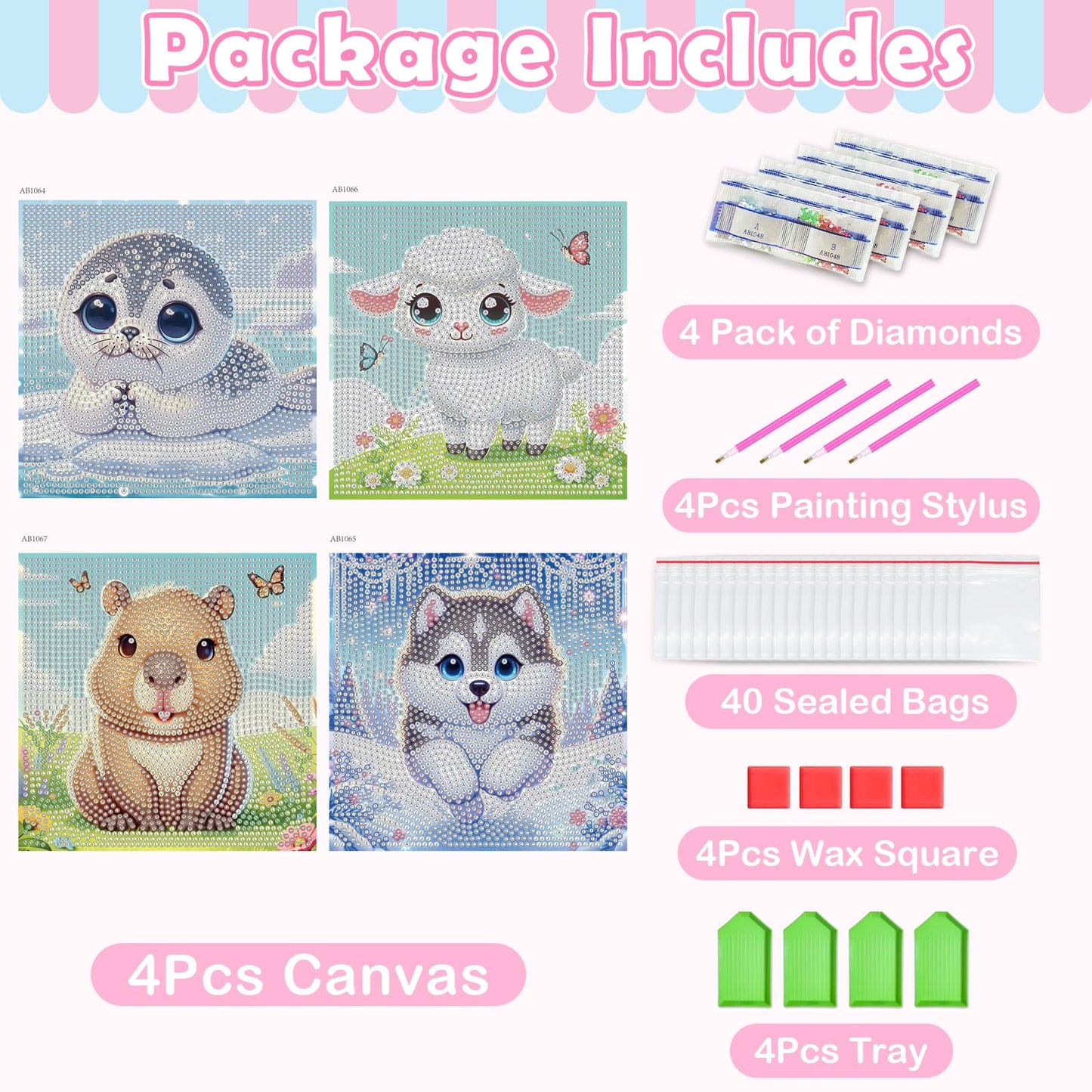 NANZHOO 4 Pack Diamond Art Kits Diamond Painting Kits for Beginners, 5D Cute Animals Diamond Art Gem Art Dimond Art Paintings, Mosaic Kits DIY Full Drill for Gift Home Wall Decoration, 6x6 Inch