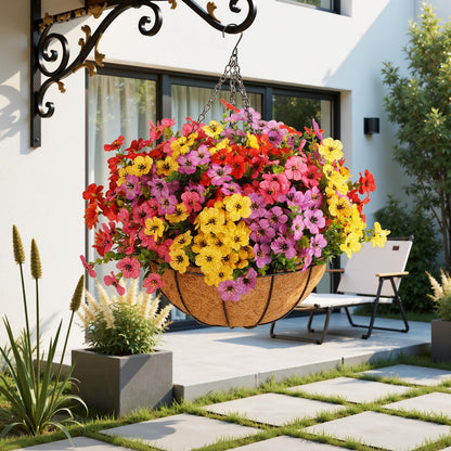 Wanderroot Artificial Outdoors Flowers with Hanging Basket, UV Resistant Fake Hanging Flowers, Faux Silk Plants with Planters for Porch Home Patio Balcony Yard (Rose Red, Purple, Yellow, Red)