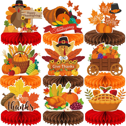 9 Pieces Thanksgiving Honeycomb Centerpieces Table Decor, Turkey Pumpkin Cornucopia Harvest Fall Party Table Topper Ornaments Signs, Fun Autumn Holiday Decorations