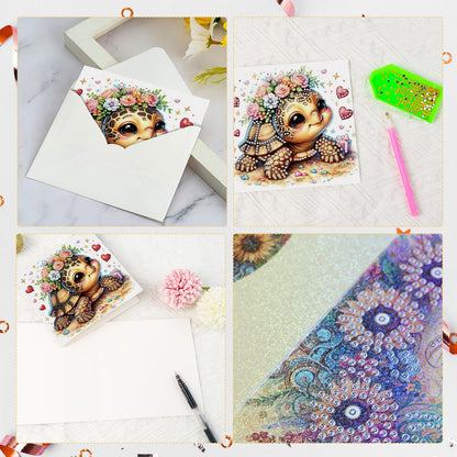 antor 6 pcs Diamond Art Painting Greeting Card Kits, Animal Cute Turtle Design Irregular Shapes Diamond Art Fine Glitter Greeting Cards with Envelopes, Clay Glue, Pen, and Bead Bag for Creative Gifts