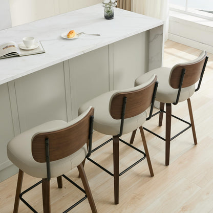 Arvasslia Swivel Bar Stools Set of 3, 26" Upholstered Counter Height Bar Stools with Back and Walnut Wood Legs, Faux Leather Barstools for Kitchen Counter, Beige Gray