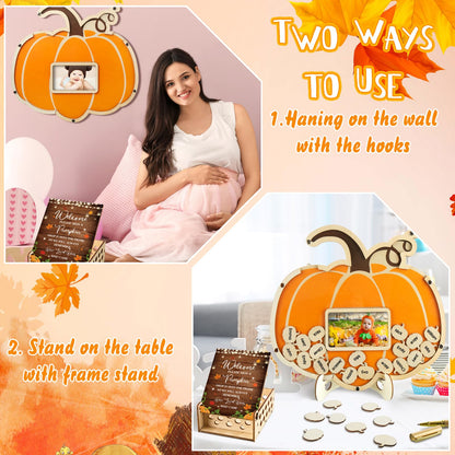 Thyle 63 Pcs Pumpkin Baby Shower Guest Book Fall Halloween Pumpkin Baby Shower Decorations with Photo Frame Sonogram Frame Keepsake Alternatives 60 Wood Slices Set, Autumn Thanksgiving Party Favors