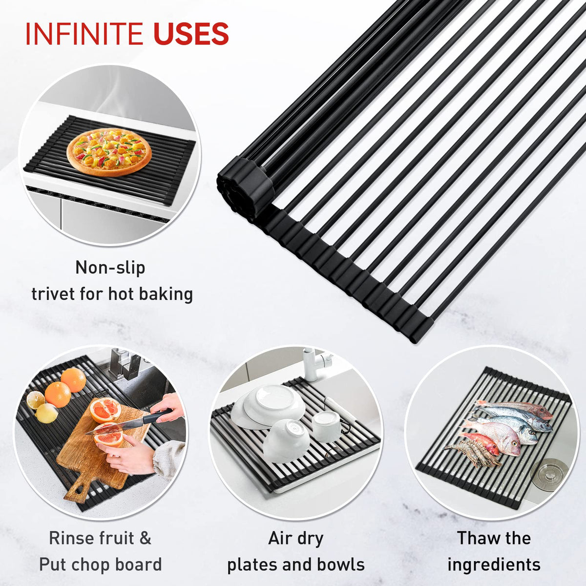 MERRYBOX Roll Up Dish Drying Rack Silicone Wrapped Over The Sink Dish Drying Rack Multipurpose Foldable Sink Drying Mat Anti-Slip & Anti-Rust Dish Rack for Kitchen, 17.5" x 13", Black