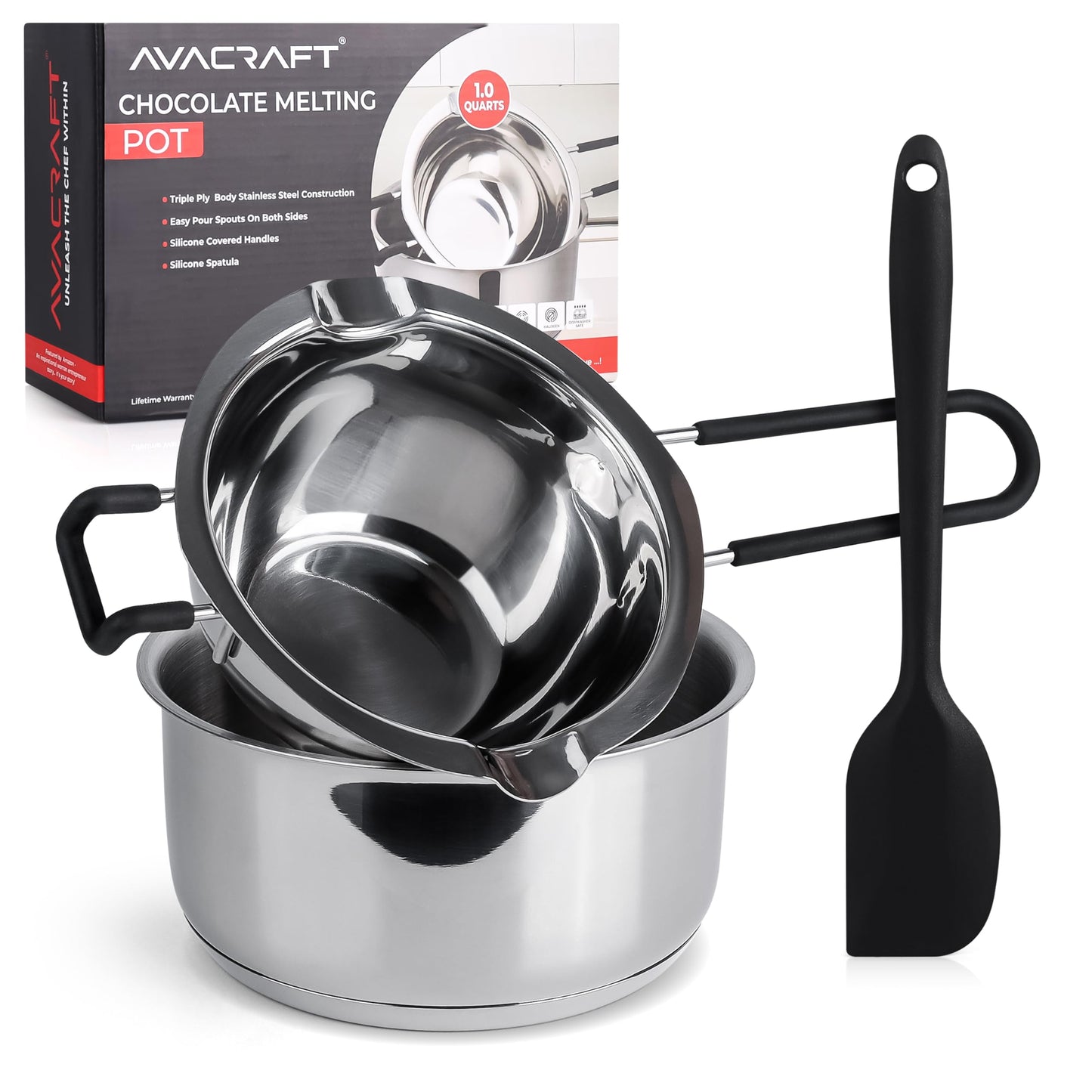 AVACRAFT Double Boiler 18/8 Stainless Steel Double Boiler Pot with Stainless Steel Pot and Silicone Spatula, Double Boiler Set for Melting Chocolate, Candy, Soap, Wax, Candle Making (1 Quart)