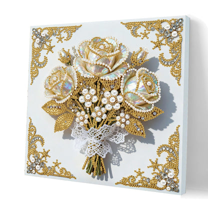 yzARTche Diamond Art Pearl Painting Kit, DIY Pearl Art Painting with White Frame, Handmade Gem Dot Picture Craft for Home Wall Decor Present Set-05-Rose