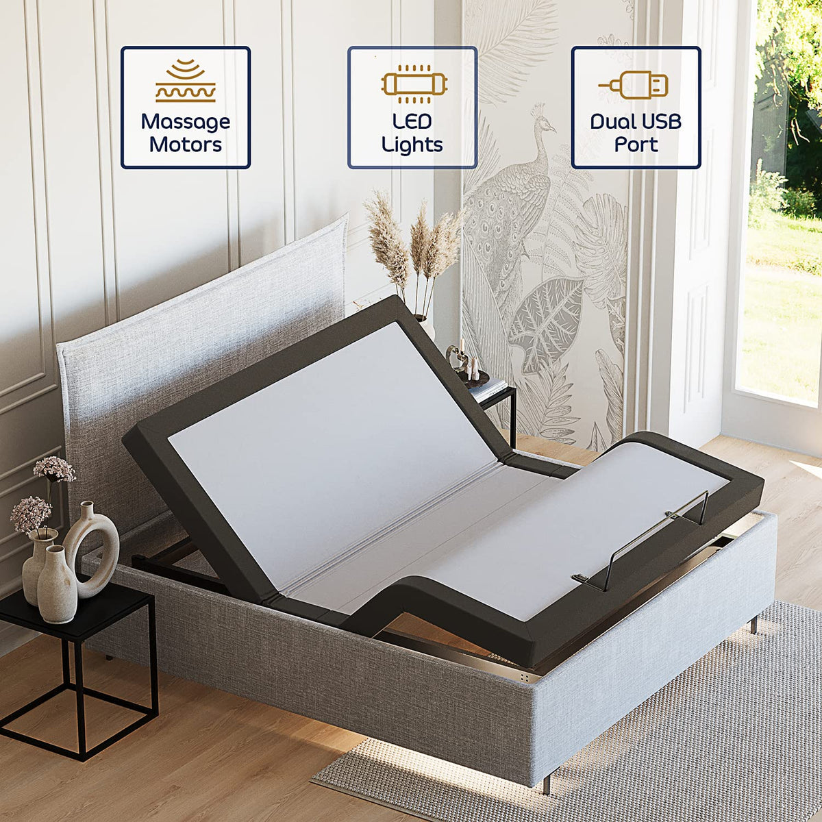 Nestl Adjustable Bed Frame, Zero Clearance Adjustable Massage Bed Frame, Adjustable Bed Base Head & Foot Massage, Wireless Remote Fast & Easy Assembly, USB Ports, LED Light, Cal King Size Bed Frame
