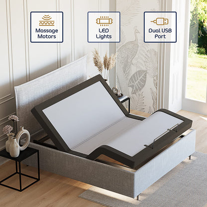 Nestl Adjustable Bed Frame, Zero Clearance Adjustable Massage Bed Frame, Adjustable Bed Base Head & Foot Massage, Wireless Remote Fast & Easy Assembly, USB Ports, LED Light, Cal King Size Bed Frame