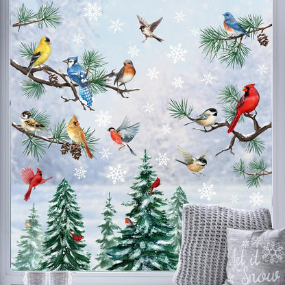 Mfault 187 PCS Winter Birds Pine Tree Branch Window Clings, Xmas Red Cardinal Blue Chickadee Decor