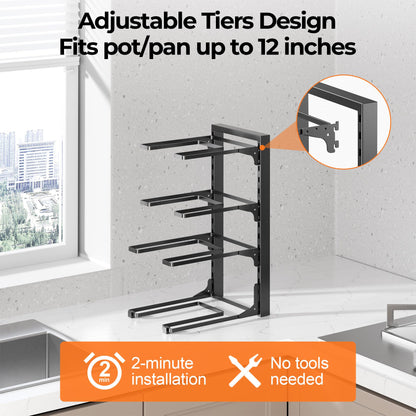 MUDEELA Pots and Pans Organizer under Cabinet 15.75" Tall, 4-Tier Heavy Duty Pan Organizers inside Cabinet Kitchen Storage, Adjustable Pot Rack Holds up to 44 LB Cast Iron Skillets Shallow Cookware