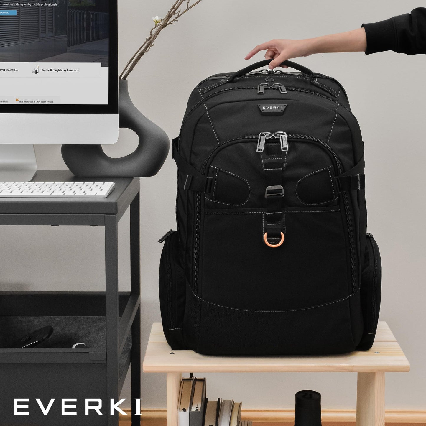 EVERKI Business 120 Laptop Backpack with Rain Cover, 40L Capacity, Large Compartment for Laptops Up to 18.4", 180° Fold-Out Design, Padded Pocket, Durable Design with Multiple Pockets – EKP120 - Black