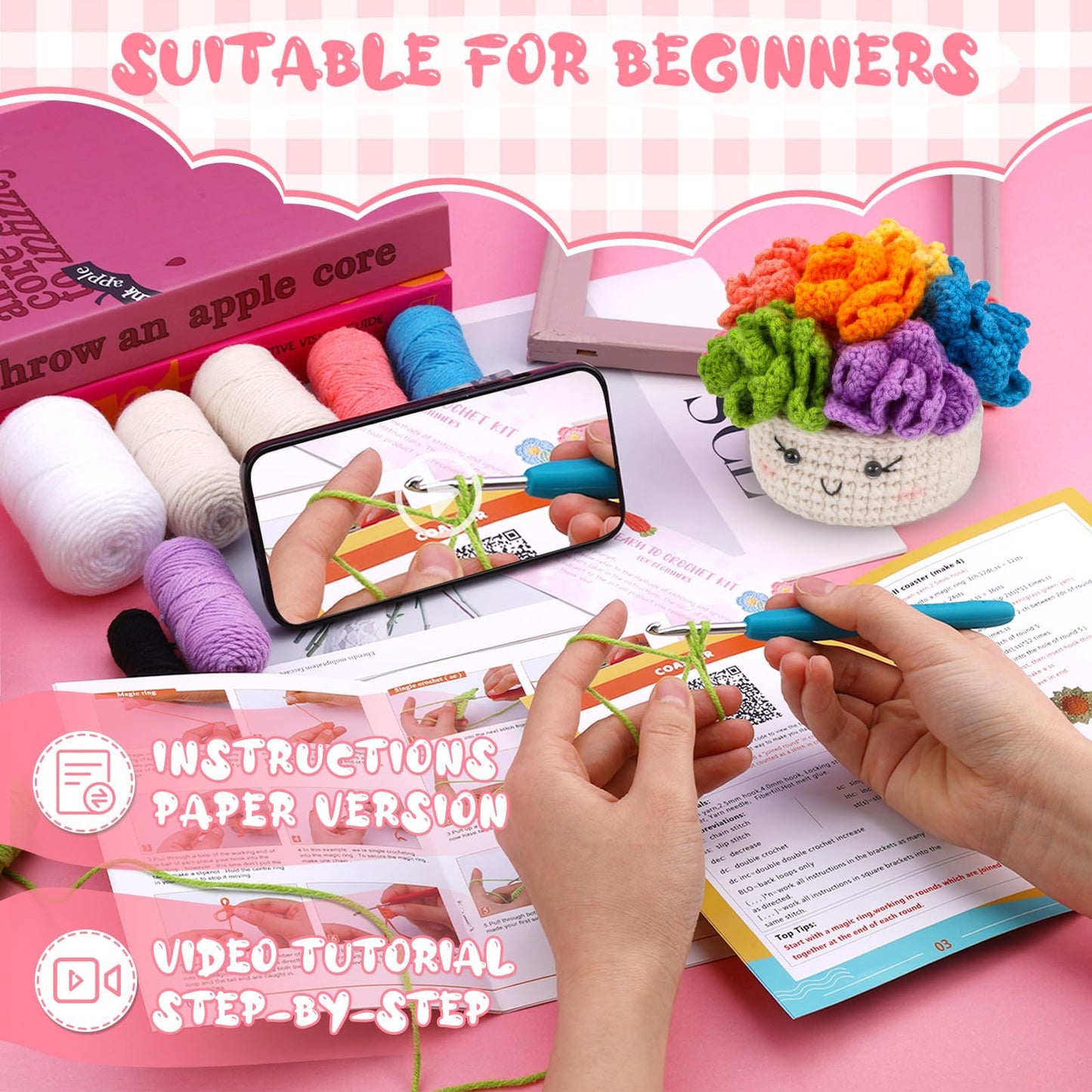 Hssugi Crochet Kit for Beginners, 6PCS Crochet Starter Kit, Potted Plant Coasters Crochet Kit with Step-by-Step Video Tutorials, Crochet Hooks, Learn to Crochet Kits for Adult Beginners