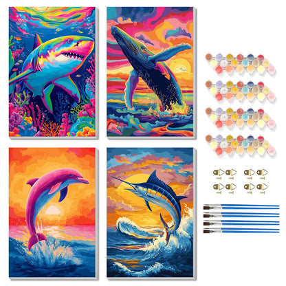 TBAIRO 4 Pack Framed Paint by Numbers Kit for Adults Beginner Animals DIY Painting Kits for Adults Ocean Easy Adult Paint by Number Kits on Canvas for Wall Art Decor 8x12 Inch