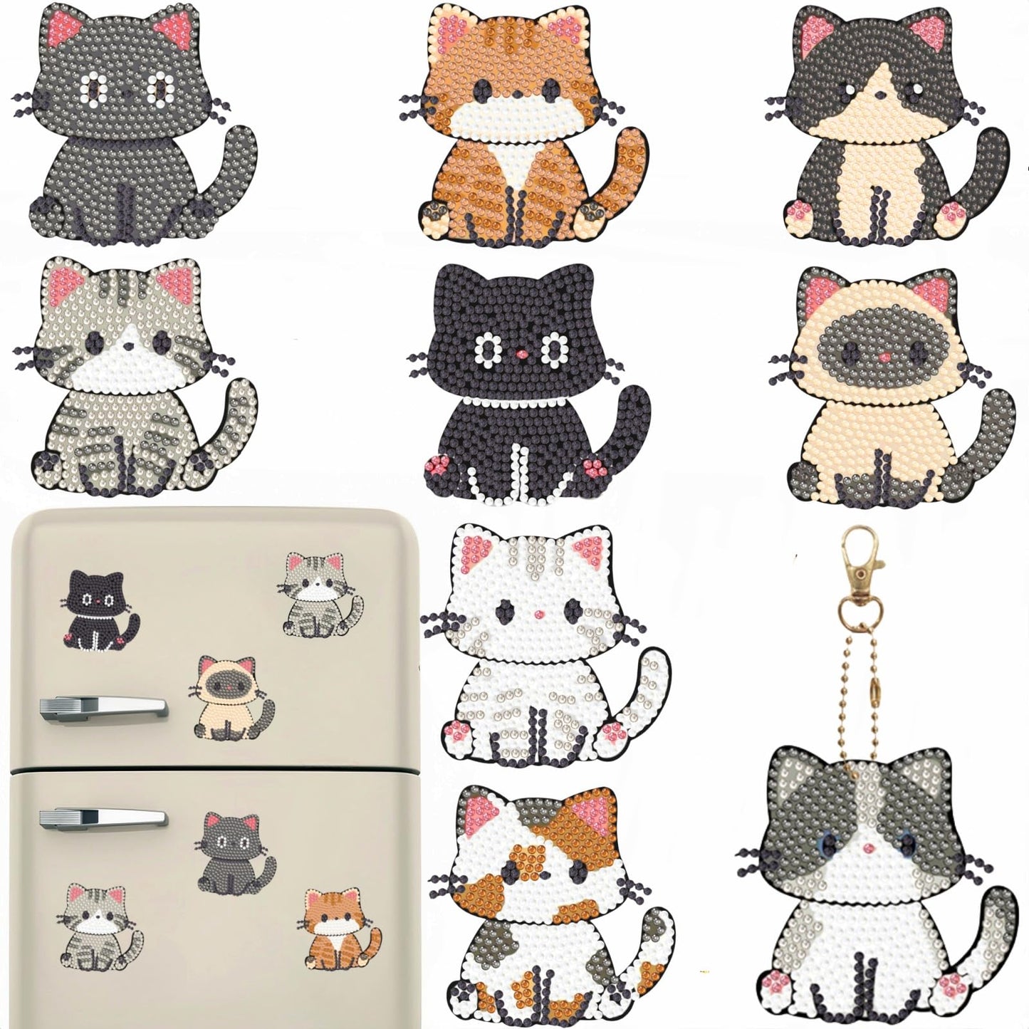 Bulerrylulu 9 Pcs Diamond Painting Magnets Kits Cat Fridge Magnet Stickers Diamond Art Painting Keychains Gem Painting kit for Beginners Adults DIY Art Craft Gifts Home Decors (cat)