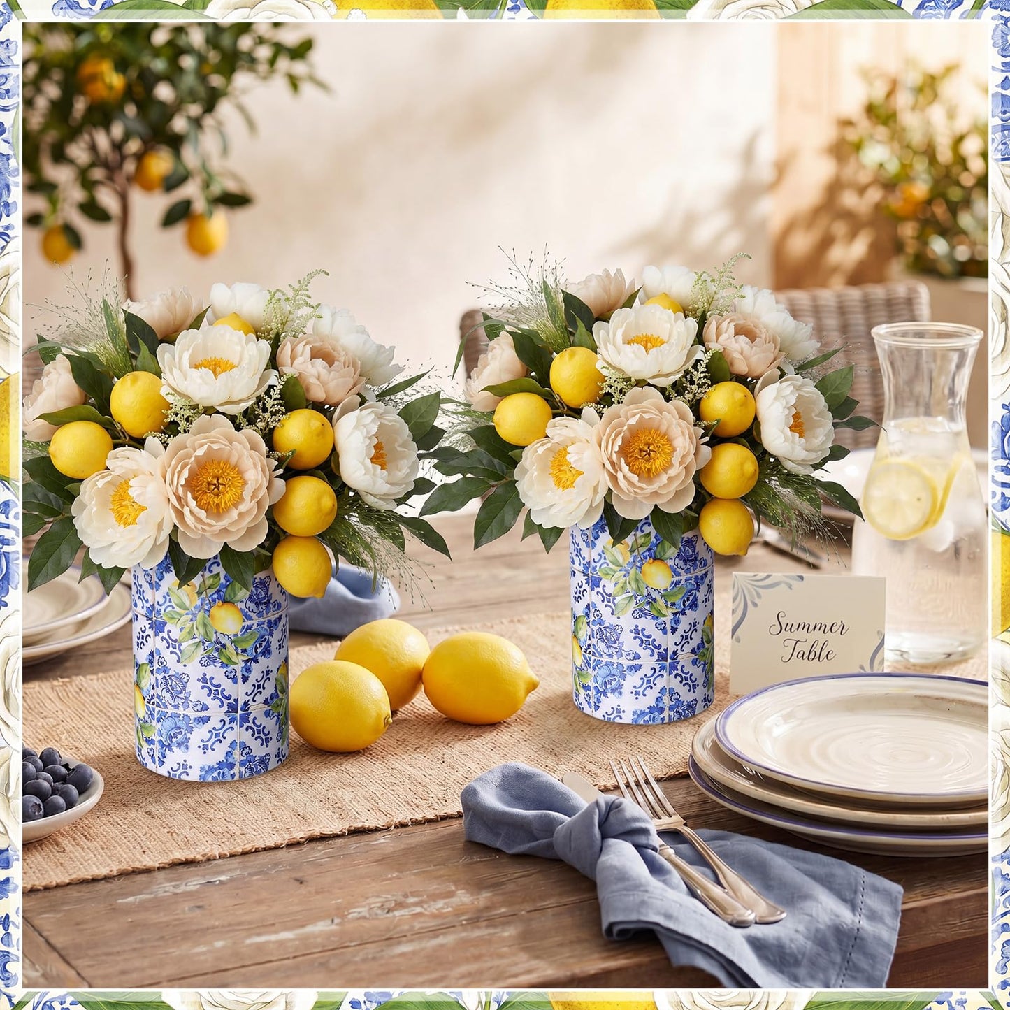 LemonRoad 6 Sets Blue Tiles Lemon Table Centerpiece for Wedding Amalfi Coast Cylinder Flower Boxes with Floral Foam Blocks Capri Mediterranean Positano Decorations Birthday Party Home Decor