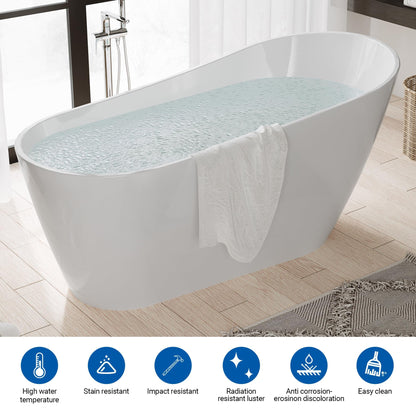 67" Acrylic Freestanding Bathtub, Modern Free Stand Bathtub with Chrome Drain & Overflow, Home Spa, Glossy White
