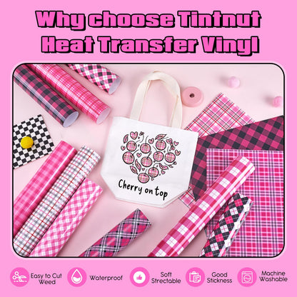 Tintnut Plaid Heat Transfer Vinyl, 12 Sheets 12''x10'' Black Pink Plaid Patterned Iron on Vinyl for DIY Apparel, Bags and Craft Projects