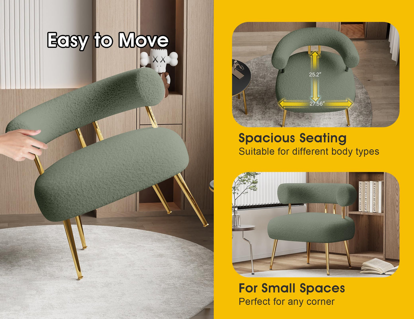 SEYNAR Mid Century Sherpa Boucle Accent Chair, Round Upholstered Barrel Arm Chair for Small Spaces, Fluffy Side Corner Sofa Chair for Living Room, Bedroom, Vanity, Office, Reading Nook(Green)