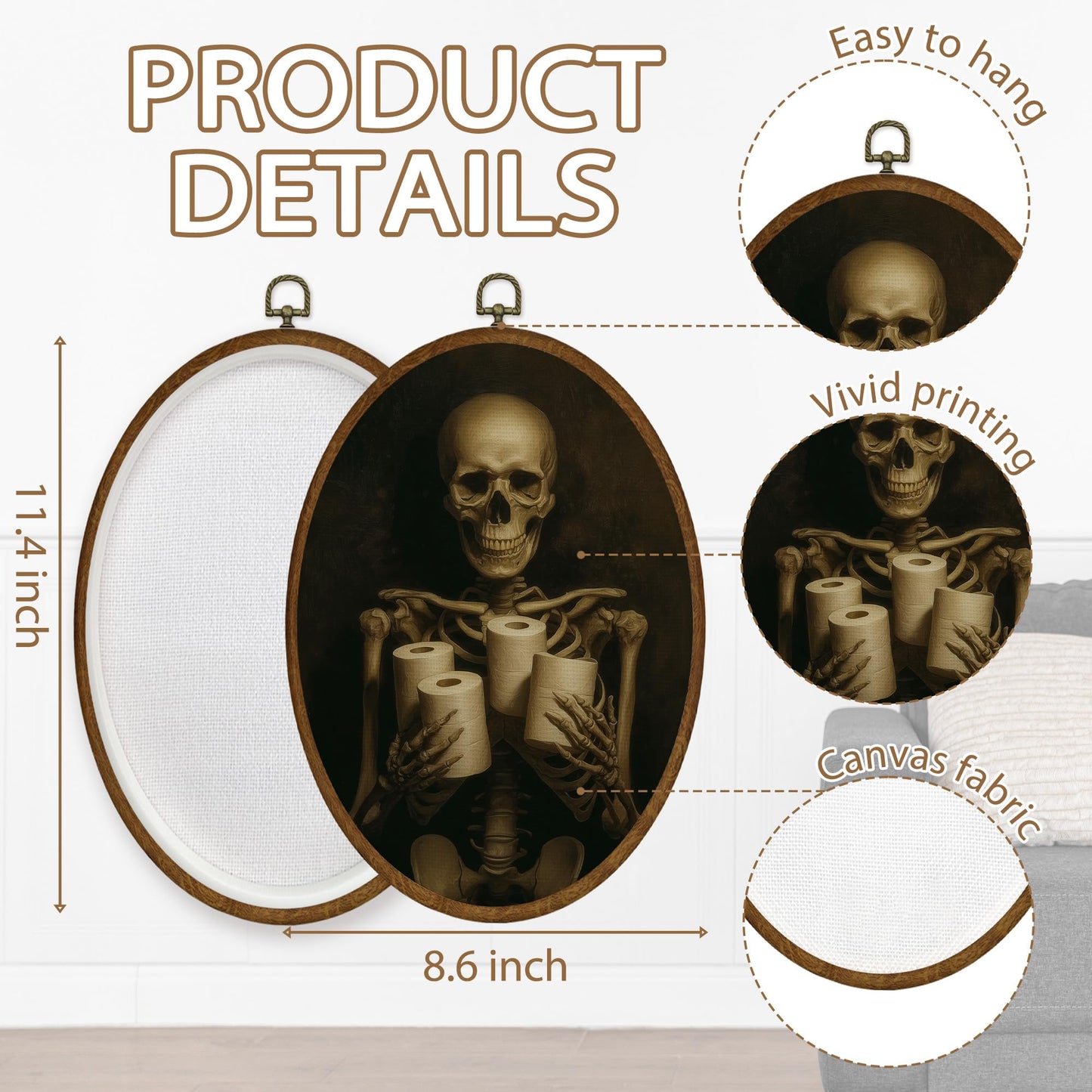 WULQYING Funny Gothic Skeleton Bathroom Wall Art Decor, Dark Academia Skeleton Oval Framed Canvas Art Prints, Halloween Wall Hanging Decor for Home Bathroom Washroom Restroom Toilet, 8.6x11.4 Inches