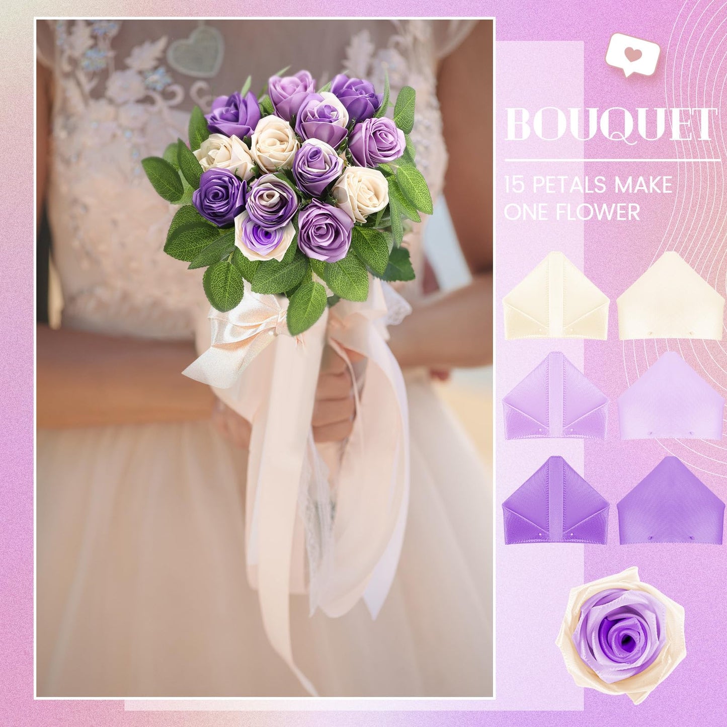 Thiccywoov 360 Pcs Premade Satin Ribbon Rose Petals DIY Kit with Flower Calyx Bases and Leaves Stems Half-Finished for Eternal Rose Flower Bouquet Gift for Anniversary Wedding Birthday(Purple Series)