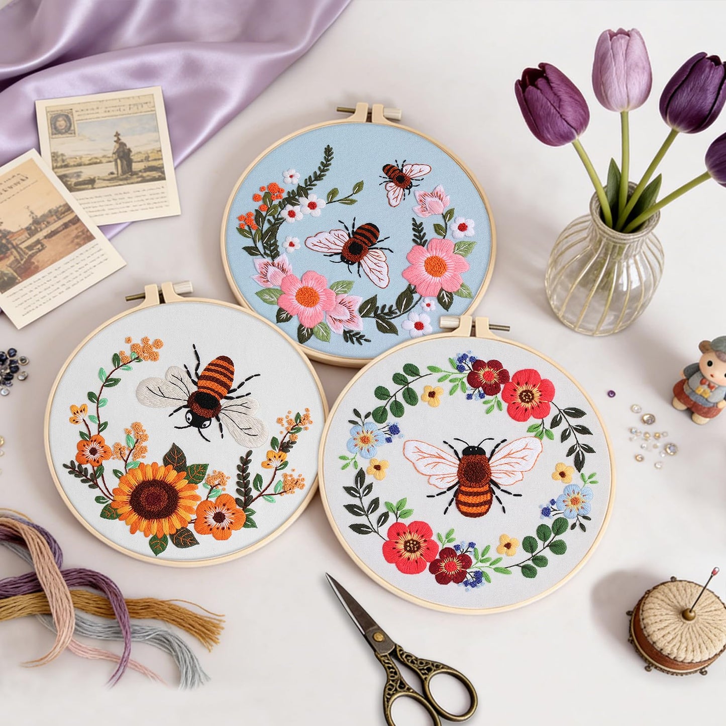 Uniartfy 3 Pack Bee Flower Embroidery Kits for Beginners, Cross Stitch Kit for Adults, DIY Needlepoint with Embroidery Hoop, Tools, Easy to Learn Video & Instructions, Hand Embroidery Starter Kit