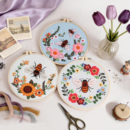 Uniartfy 3 Pack Bee Flower Embroidery Kits for Beginners, Cross Stitch Kit for Adults, DIY Needlepoint with Embroidery Hoop, Tools, Easy to Learn Video & Instructions, Hand Embroidery Starter Kit