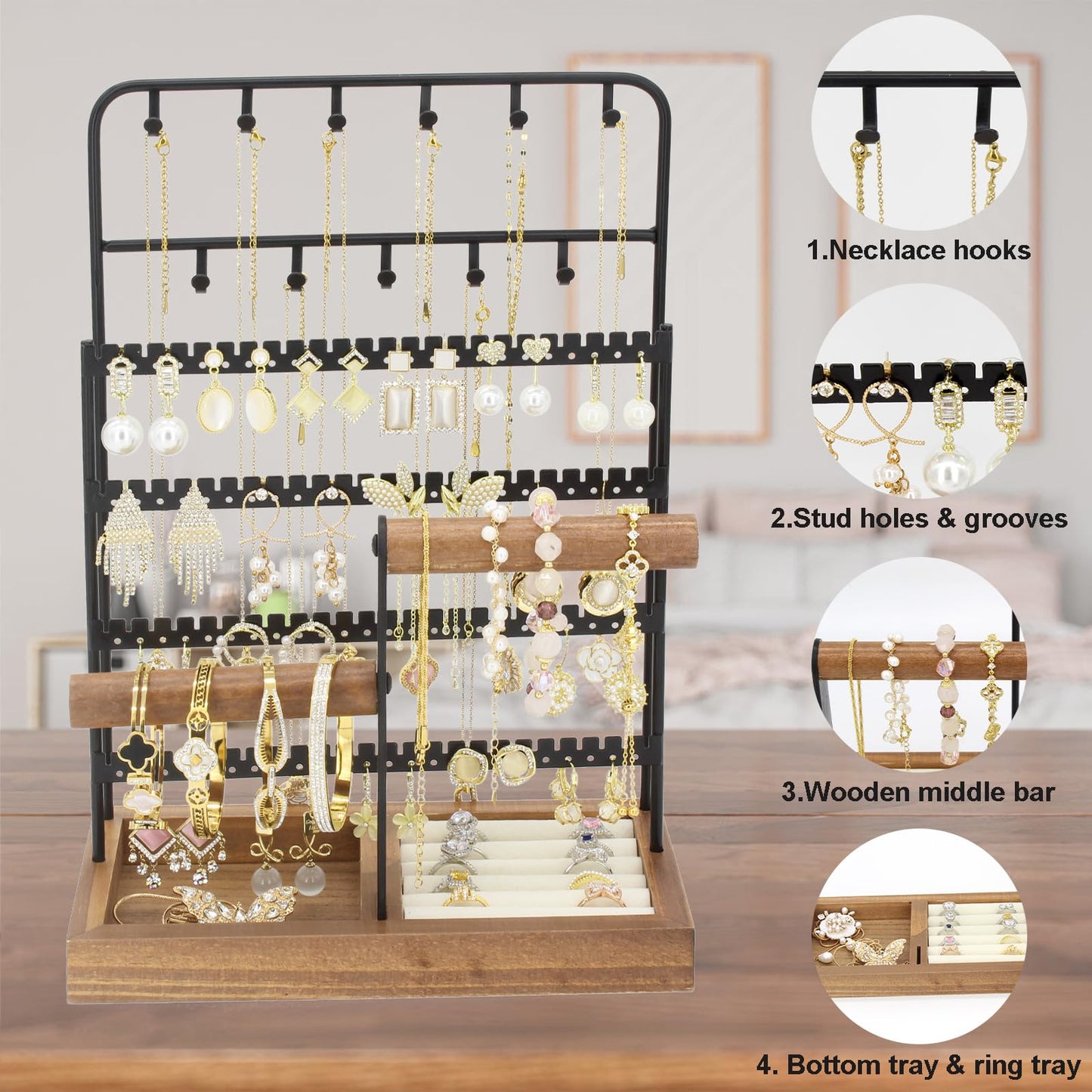 JONKASIPA Jewelry Holder Organizer Stand 4-Tier Necklace Stand Earring Holder with Wooden Tray, Jewelry Rack for Bracelets Watches and Rings Display Stand, Gifts for Women & Girls-Black