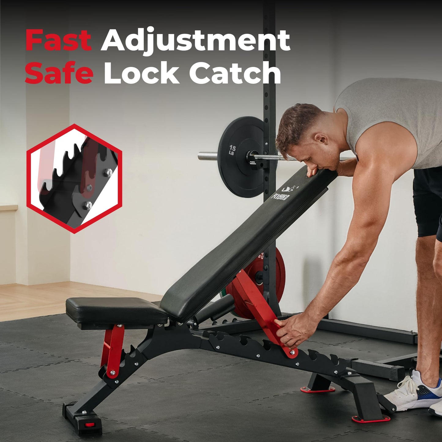 FLYBIRD WB7 Weight Bench, Commercial Grade Adjustable Weight Bench - 1300LBS Workout Bench for Home Gym, Flat Incline Bench Press Heavy Duty Bench with 34'' Extra-Long Backrest and Easy-Roll Wheels